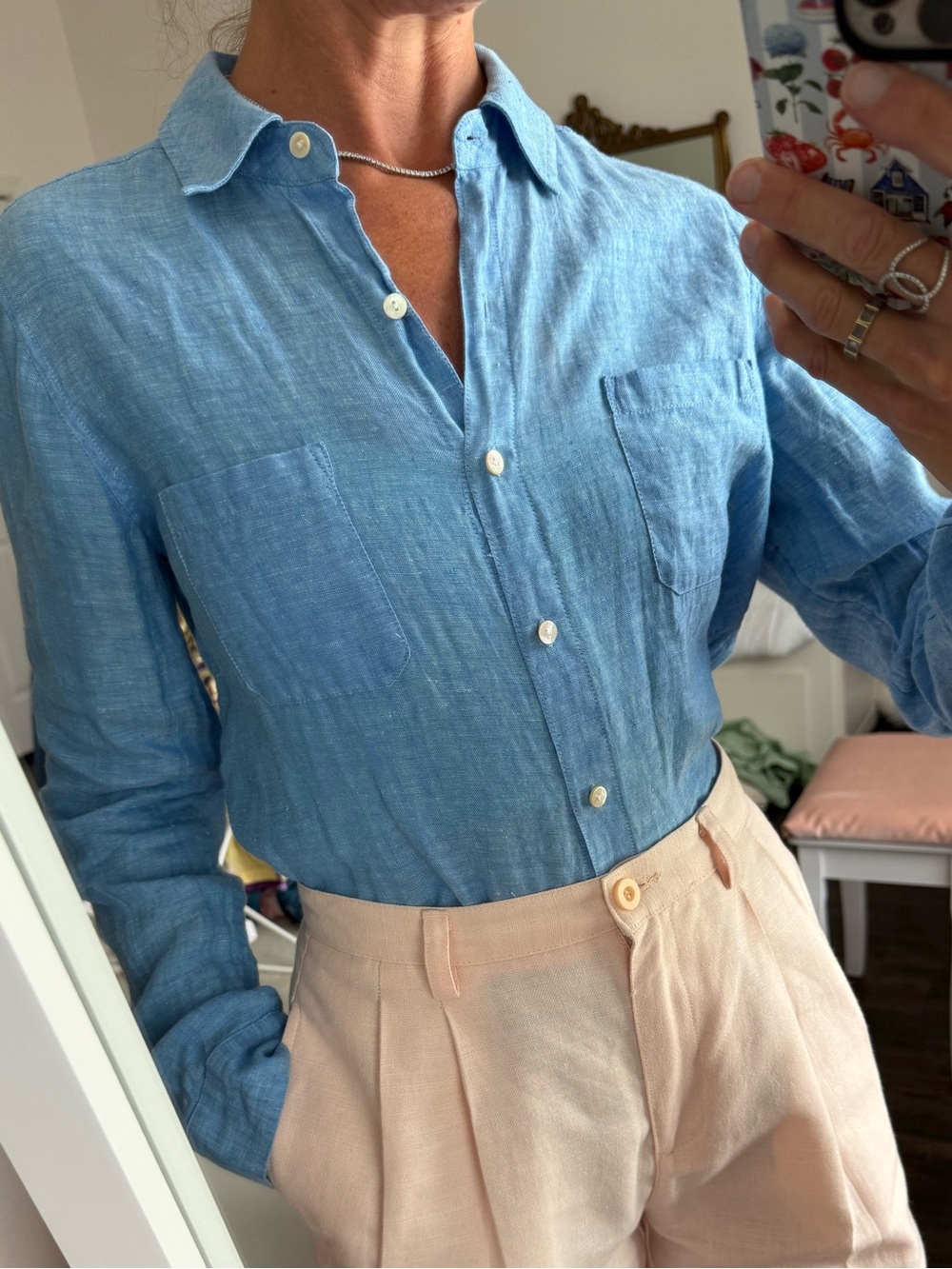 Lilly Pulitzer 100% Linen Blue Button Down Shirt Coastal Beach Resort XS